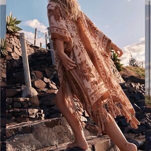 Free People NightBird Burnout Boho Fringe Kimono Cover-Up in Warm Sand Floral